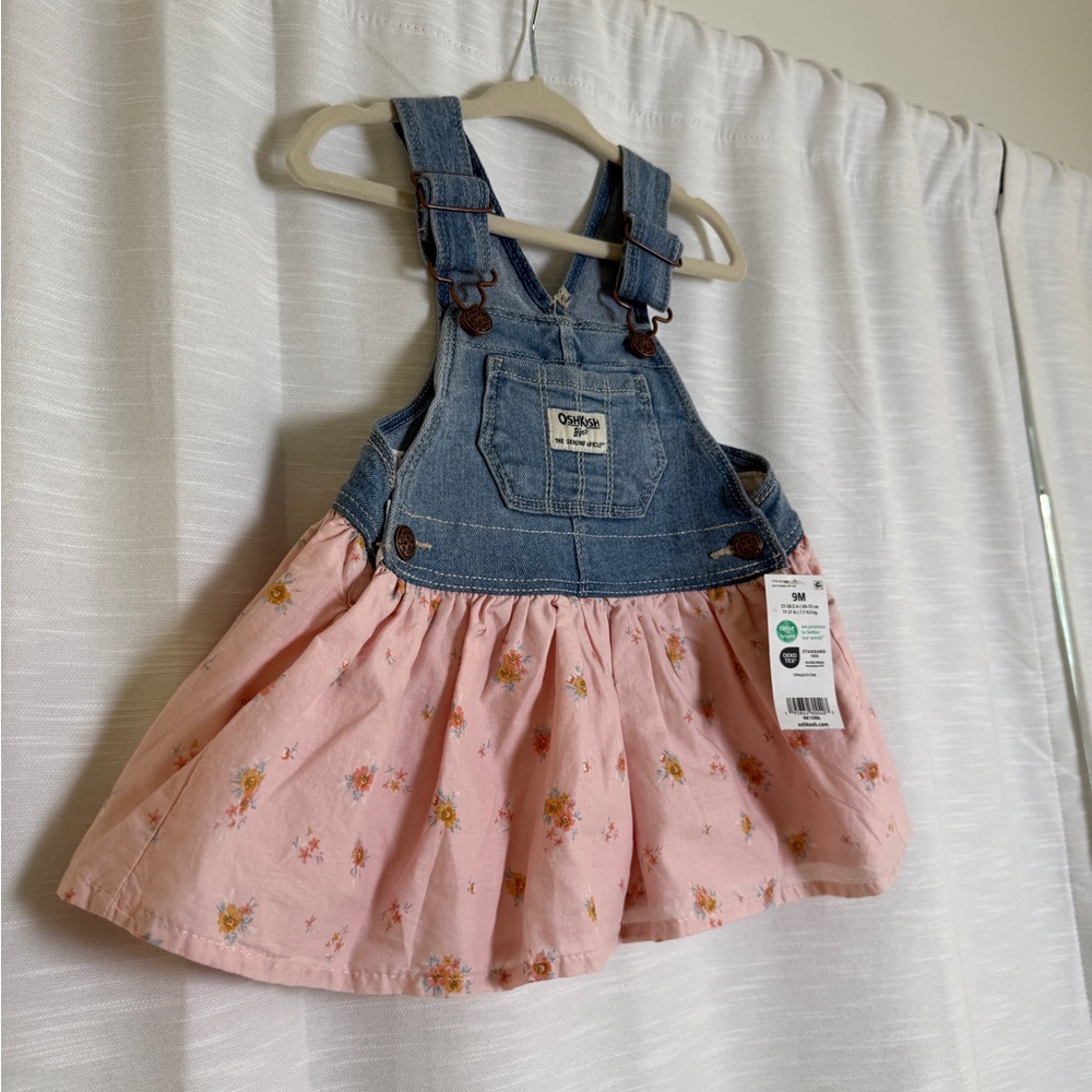 OshKosh Baby Girl Denim Overall Dress Pink Floral Skirt | NWT Size 9M - Picture 6 of 11
